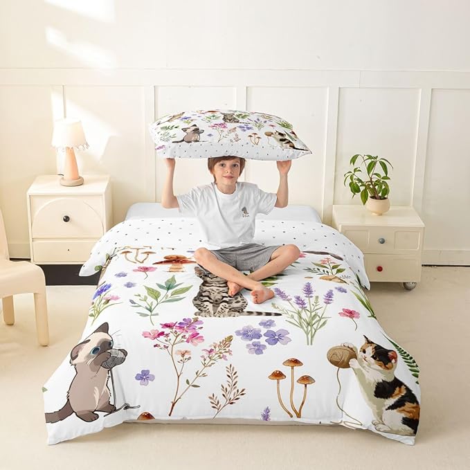 Erosebridal Cute Cat Bedding Set Twin Kitten Cat Lovers Duvet Cover Nature Watercolor Florals Comforter Cover for Kids Girls Boys Adults Pet Animals Bed Set
