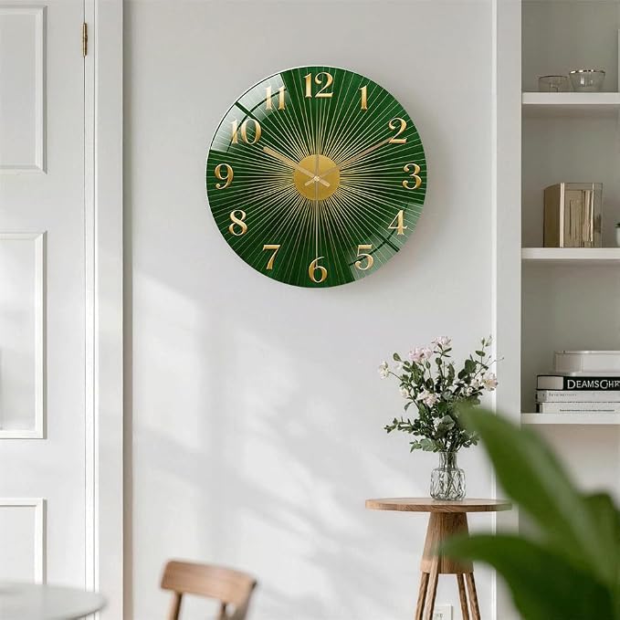 16 Inch Green Sunburst Glass Wall Clock Silent Art Decor | Silent glossy clock with an emerald green sunburst and gold numbers, elegantly tracking time for your living room
