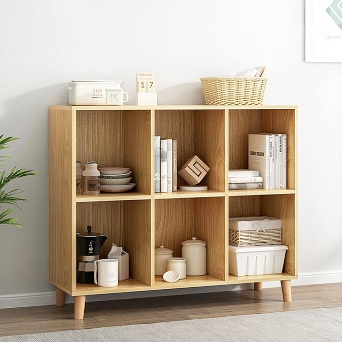 IOTXY Freestanding Open Cubes Bookcase - 2-Tier Floor Standing Wooden Storage Display Cabinet Organizer with Legs for Home Office, 6-Cubes Open Shelf Low Short Bookshelf, Oak