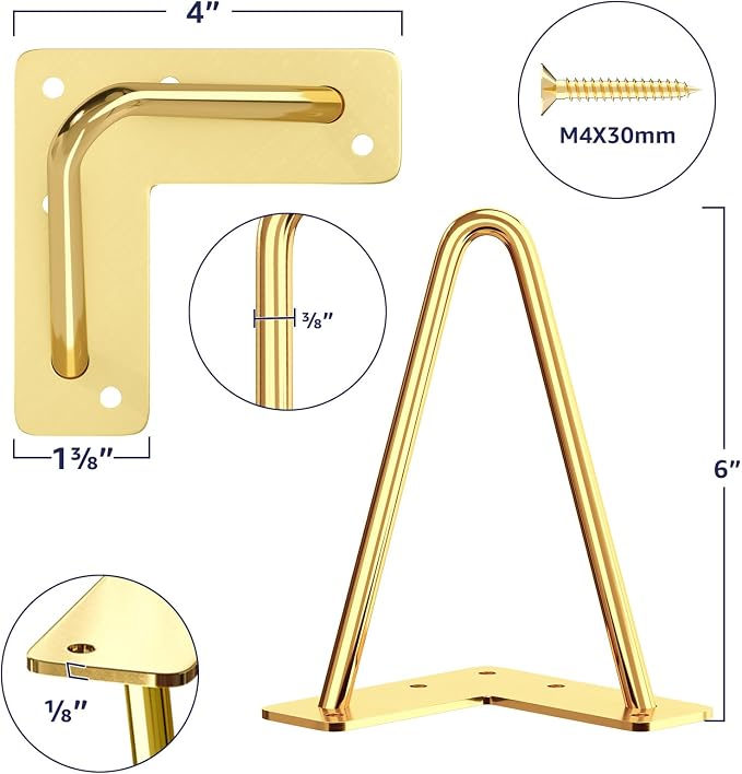 SMARTSTANDARD 6 Inch Hairpin Furniture Legs, 3/8'' Rods Metal Home DIY Projects for Nightstand, Coffee Table, Cabinet with Rubber Floor Protectors, Gold Set of 4PCS