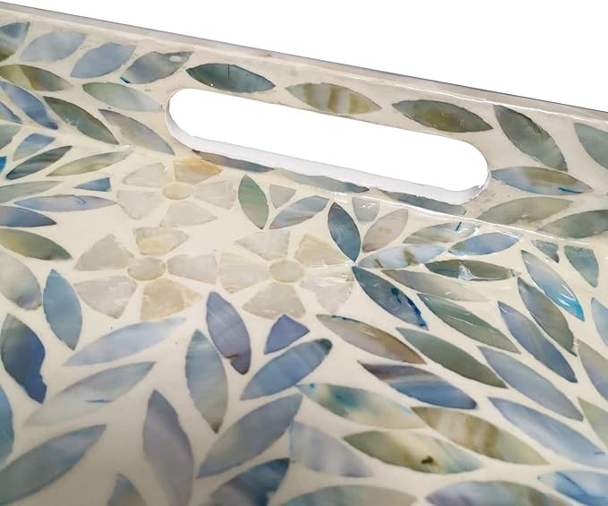 I-LAN Creative Rectangular Mother of Pearl Shell Severing Tray Lacquer Wooden Decorative Tray Handmade Shell Serving Tray with Handles and 2 Inch Wall, 18”Large Green Inlay Nacre Ottoman Tray (45cm)