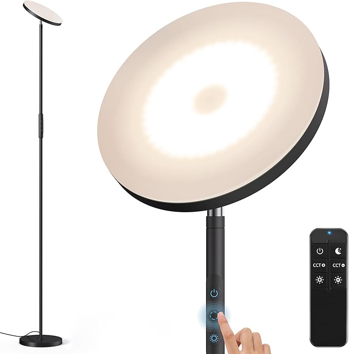 Bright Floor Lamp, 36W 3500LM Standing LED Lamp with Remote, Dimmable Torchiere Tall Lights 2700K Warm White to 6500K Cool White, Night Mode/Memory Function, for Living Room, Bedroom, Office (Black)