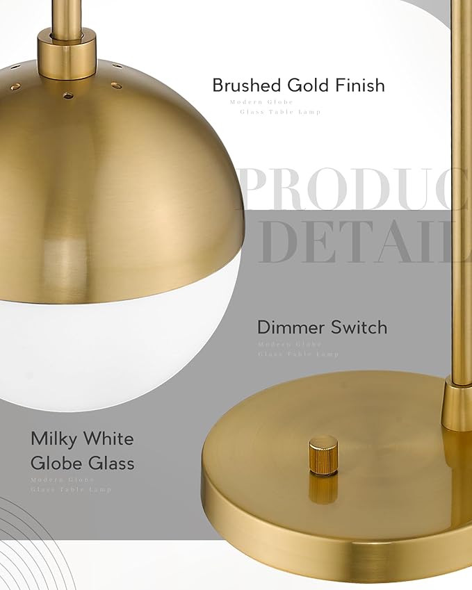 LMS Modern Gold Table Lamp with White Glass Globe, Gold Desk Light Bedside Lamp with Brushed Brass Finished for Living Room Office Nightstand, Dimmable Switch