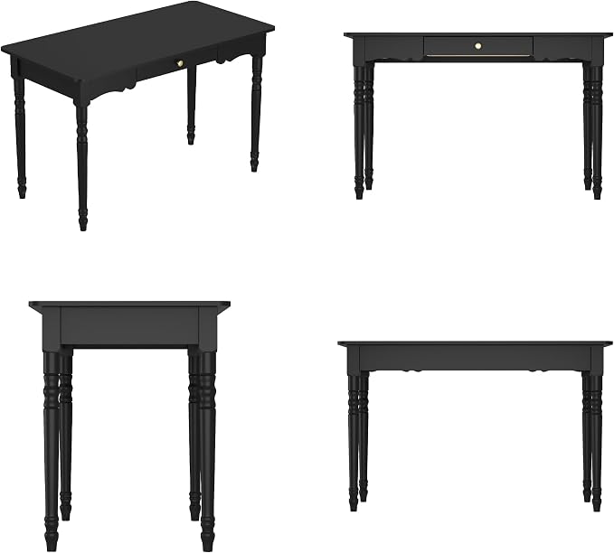 WOODTIME 47.2" W Home Office Computer Desk with Solid Wood Legs, Vintage Gaming PC Desk Study Writing Table with Drawer, Black