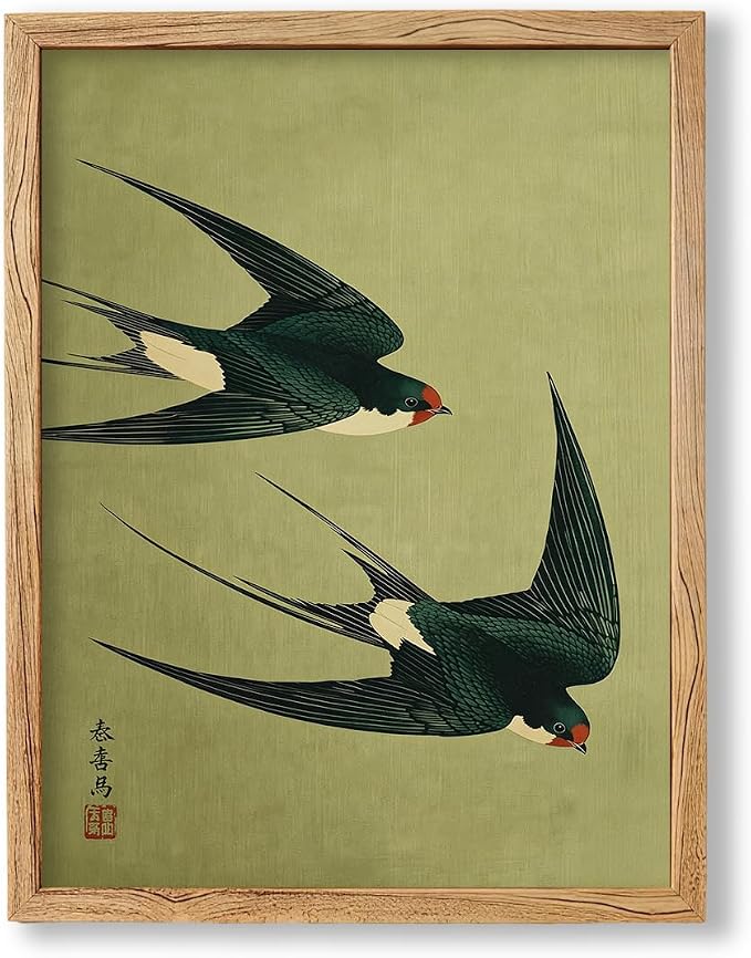Framed Japanese Flying Swallow Wall Art Asian Japandi Bird Animal Poster Nature Vintage Green Canvas Prints for Living Room Bedroom Home Decor 08x10 inch