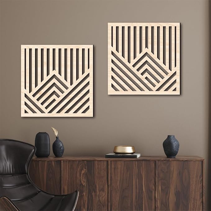Geometric Mountain Wood Wall Art Decor, 2 Pcs Modern Mountain Wall Sculptures Wooden Square Hanging Abstract Panels, 3D Square Hollow Wood Art Wall Decor for Home Office Living Room Bedroom (Beige)