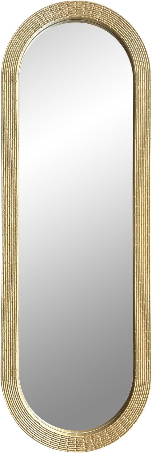WAMIRRO Gold Oblong Wood Mirror, 47X16 Inch Hand Carved Solid Wood Capsule Frame Oval Mirror for Wall Mount, Farmhouse Boho Decor for Living Room, Bathroom, Bedroom, Hallway & Entryway