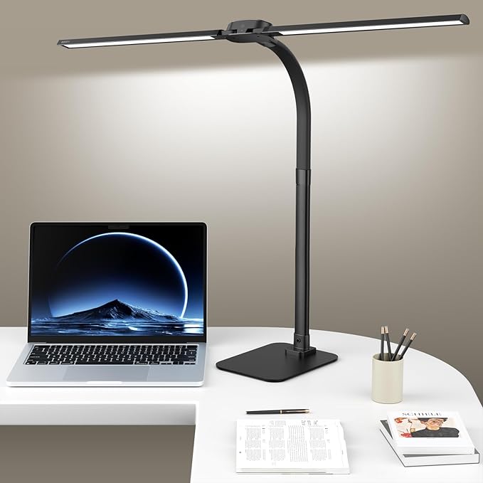Desk Lamp with USB Charging Port for Home Office 24w Architect Remote Base Dual Task Led Light Modern 5 Color Modes Dimmable Adjustable Gooseneck Double Head Reading Drafting Eye Caring Tall Lamps
