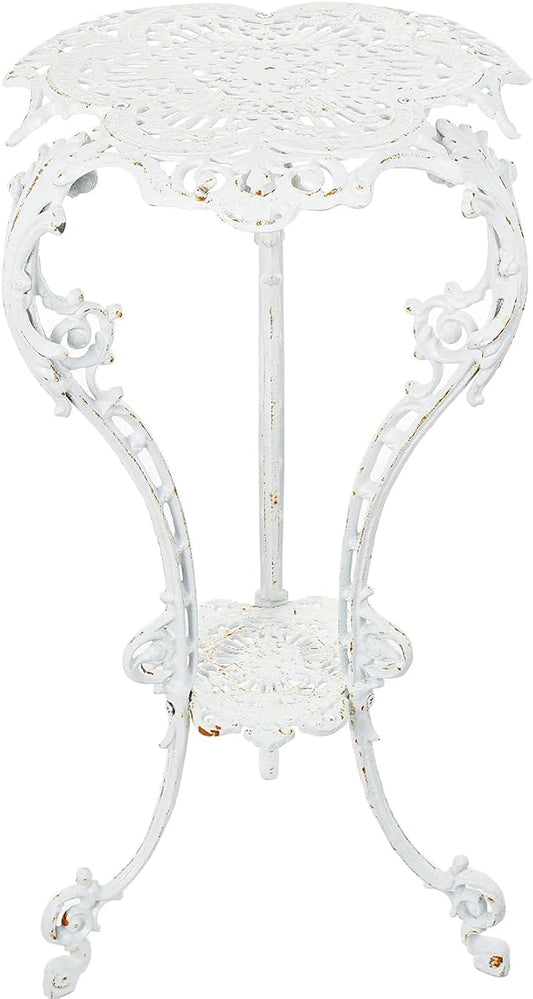 Sungmor Heavy-duty Cast Iron Plant Stand Patio Side Table, 15.3" Wide 27.5" Tall 2-layer Potted Pedestal, Vintage Rust White Planter Holder, Elegant Victorian Style Indoor Outdoor Decorative Pot Stand