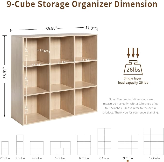VDNEND Wooden 9-Cube Storage Organizer with Closed Back Panel, 11in Cube Shelf Opening, Bookshelf, Display Shelf,Closet Cabinet for Home and Office,White Oak