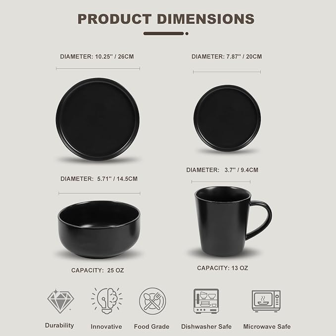 EWFEN 16-Piece Ceramic Dinnerware Sets with Mugs for 4, Black Plates and Bowls Set with Classic Design, Scratch Resistant Dishes Set, Dishwasher & Microwave Safe