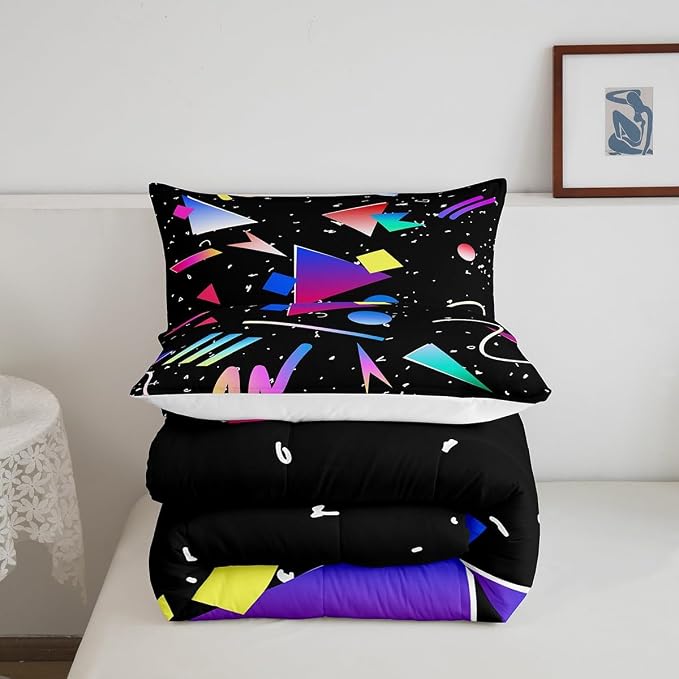 Manfei Memphis Comforter Set Queen Size, Colorful Geometric Abstract Bedding Set 3pcs for Kids Boys Girls, Retro 80s 90s Fashion Style Quilt Set Soft Polyester Duvet Set with 2 Pillowcases