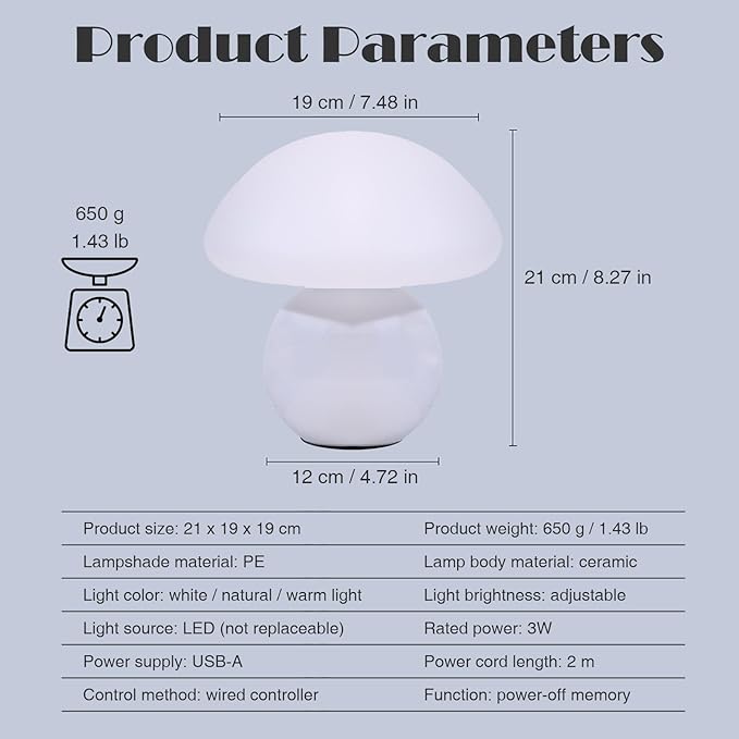 Cute Small Mushroom Lamp, PE Lampshade, Ceramic Base, Adjustable Light Color and Brightness with Power-Off Memory, Safe USB Powered, LED Mushroom Light for Bedroom Living Room (White)