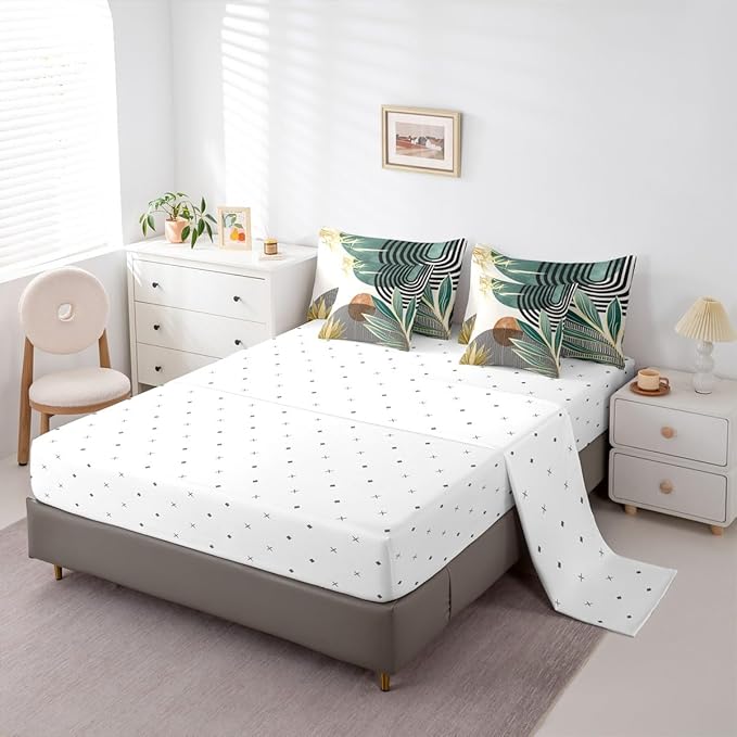 Erosebridal 7 Piece Boho Mid Century Bedding Sets Twin Modern Abstract Geometric Comforter Set for Women Men,Retro Minimalist Aesthetic Bed in a Bag Line Art Sheet Set with Comforter,Green