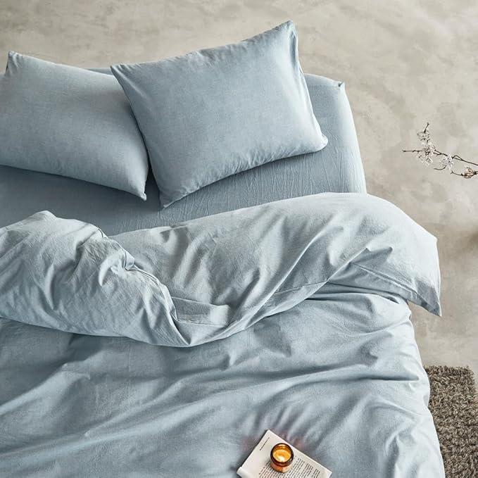 Wake In Cloud - Cotton Duvet Cover Set, 100% Washed Cotton, Linen Like Textured, Breathable Durable Comfy Farmhouse Neutral Bedding Set, 3 Pieces, Light Denim Blue, Queen Size