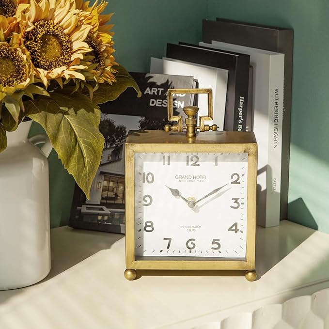 NIKKY HOME Gold Table Clock, Silent Non-Ticking Classic Battery Operated Decorative Mantel Desk Shelf Clock for Living Room Decor