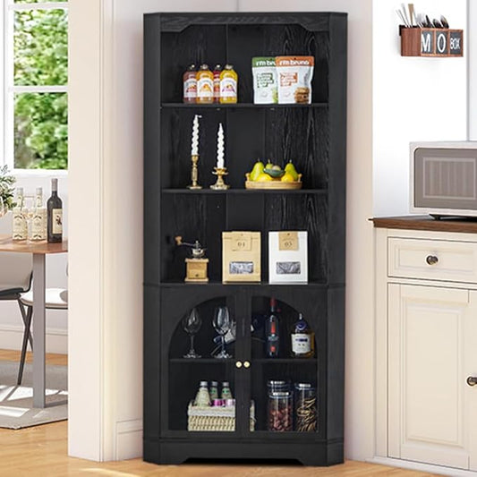 Mid-Century Modern 70" H Tall Coner Storage Cabinet with Doors & Adjustable Shelves, Wood Home Coner Pantry Hutch for Kitchen, Dining Living Room, Bathroom, Antique Dispaly (Black)