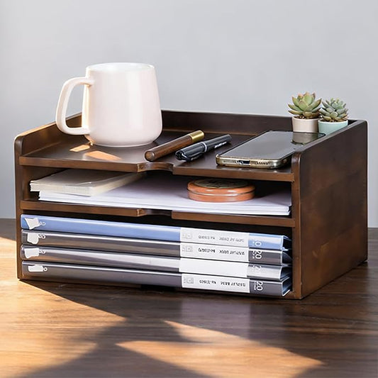 Wooden Desk Organizer with Dark Wood Finish, Stackable Paper Tray & File Holder, Multifunctional Mail Letter Sorter for A4 Documents, File Organizer，Office Supplies Storage for Home Office Study Work
