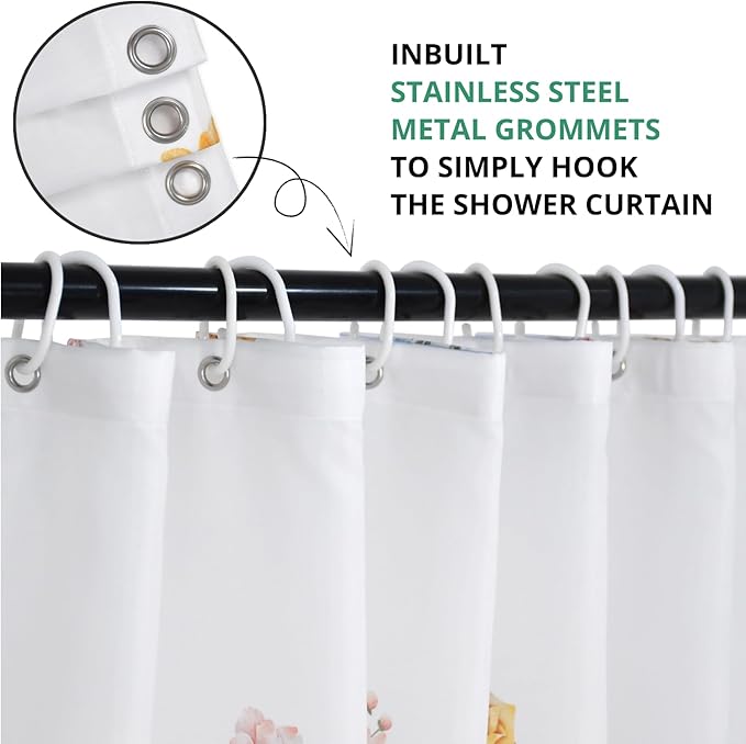 Floral Shower Curtain, Wildflower Botanical Plant Leaves Cute Flower Spring Herbs Elegant Waterproof Fabric Machine Washable for Bathroom Bathtub Decor with Hooks 72x72
