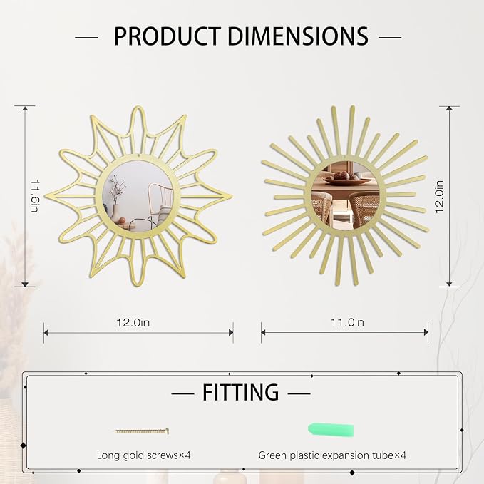 OYEFLY Sunburst Mirrors for Wall Decor 3 Pack Sun Mirror Wall Art Living Room Bedroom Entryway Boho Metal 12 Inch Gold