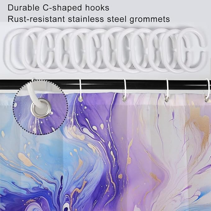 Purple Shower Curtain, Ombre Purple and Blue Marble Shower Curtain for Bathroom Waterproof Abstract Shower Curtain Set with Hooks, 72x72 Inch