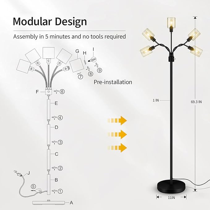 BoostArea Floor Lamp, Industrial Floor Lamps for Living Room,Tree Standing Lamp,3 Way Switch,Modern Stand up Lamp for Bedroom Office Farmhouse