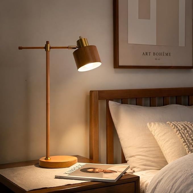 OYEARS 22.2" Mid Century Desk Lamp, Modern Metal Table Lamp with LED Bulb, Adjustable Reading Lamps, Industrial Task Lamp for Home Office, Farmhouse Bedside Lamps with Solid Base, Woodgrain