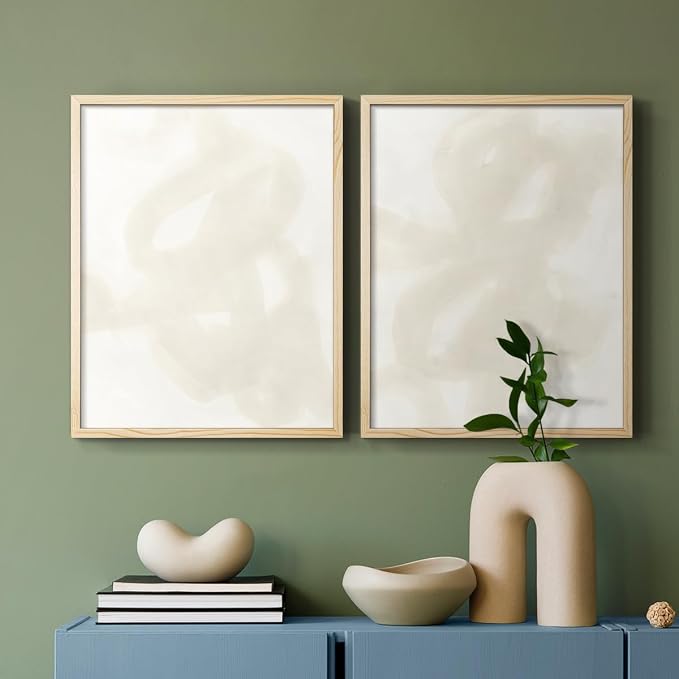 Renditions Gallery Set of 2 Peel & Stick Framed Prints, Abstract Wall Art, Beige and White Aesthetic Wall Decor, Re-Stickable - Ready to Hang - 11"x14" - NATURAL WOOD Frame LT588