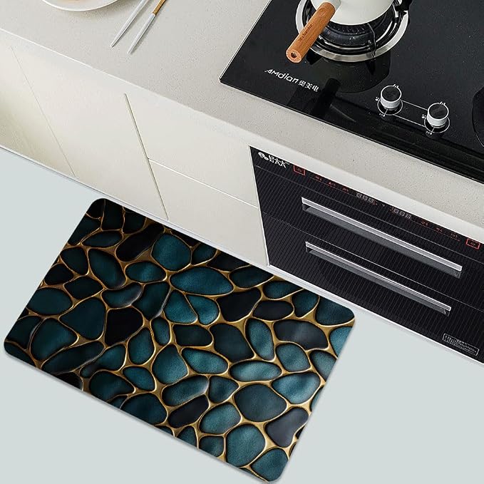 Diatomaceous Earth Bath Mat,Blue and Gold Stones Non-Slip Volume Super Absorbent Fast Drying for Bathroom Kitchen mat,Eco-Friendly Easy to Clean 17×27.5Inch (43 * 70cm)