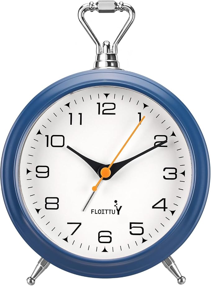 FLOITTUY 4.5" Battery Operated Antique Retro Analog Metal Alarm Clock, Silent Bedside Desk Clock, Wall-Hanging Vintage Clock(Navy Blue)