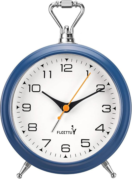 FLOITTUY 4.5" Battery Operated Antique Retro Analog Metal Alarm Clock, Silent Bedside Desk Clock, Wall-Hanging Vintage Clock(Navy Blue)