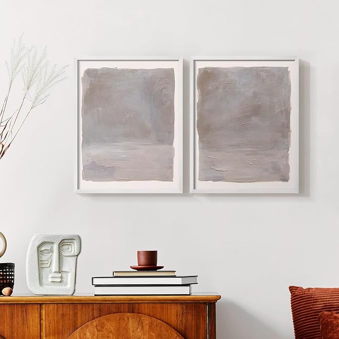Renditions Gallery Set of 2 Peel & Stick Framed Prints, Watercolor Abstract Wall Art, Neutral Tones Textured Brushstrokes Wall Decor, Re-Stickable - Ready to Hang - 22"x28" - White Frame LT588