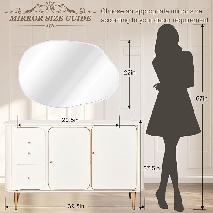 Asymmetrical Bathroom Mirror Irregular Wall Mirror Modern Metal Frame Unique Shape Wall Mounted Vanity Artistic Mirrors Decorative for Living Room Bedroom Entryway 22"x30" Large White