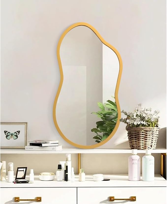 AAZZKANG Large Wall Mirror with Wood Framed 22"x12" Gold Irregular Hanging Mirrors Asymmetrical for Bathroom Bedroom Living Room Entryway