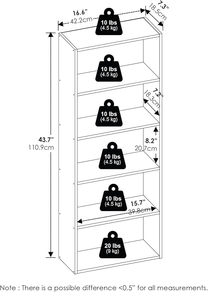 Furinno Basic Book Shelf, 5-Tier Bookshelf, Storage Organizer Bookcase with Open Shelf, 7 x 17 x 44, for Living Room, Bedroom, Home Office, Amber Pine