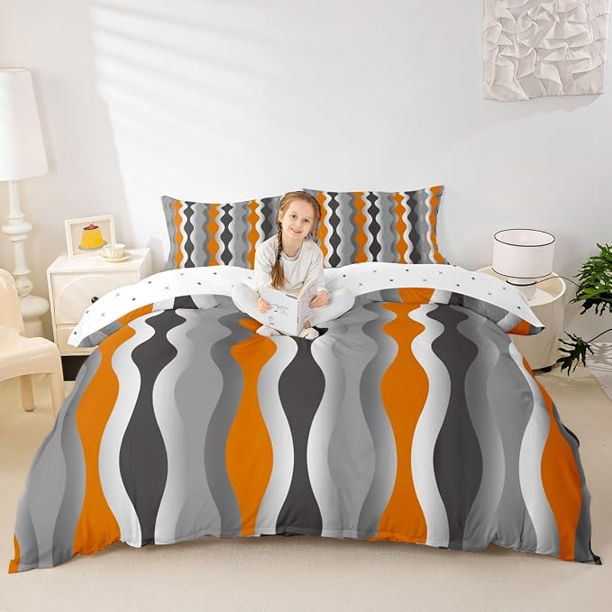 Orange Comforter Cover Mid Century Geometric Bedding Set Retro Black Grey Striped Duvet Cover for Kids Boys Girls Abstract Modern Decor Bedspread Cover Room Decor Bedclothes King Size (No Comforter)