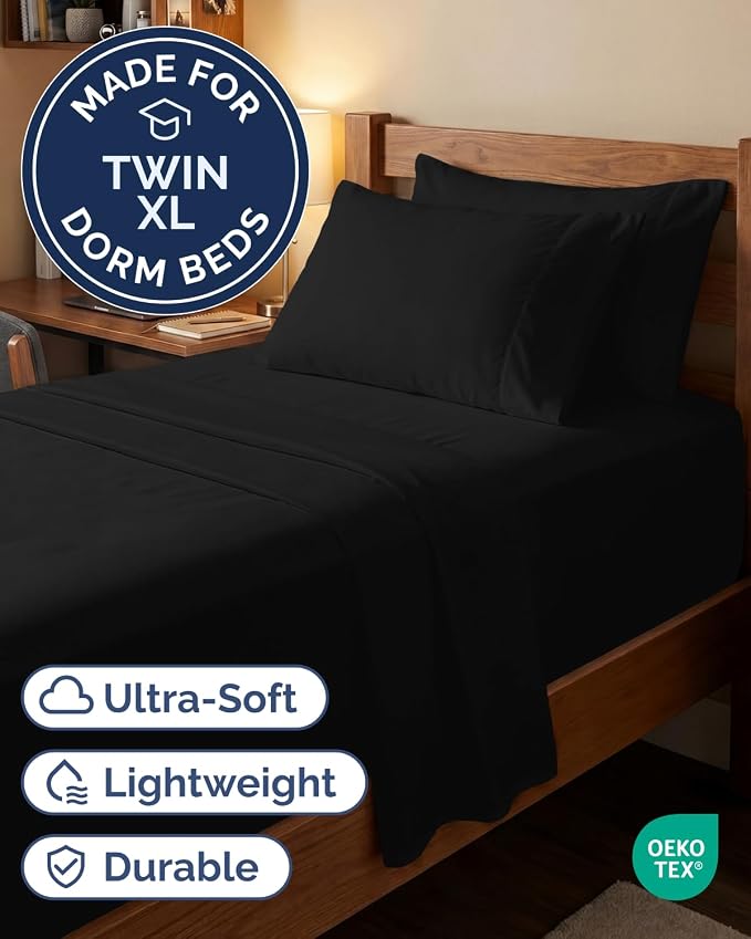 Extra Deep Twin XL Sheet Set - 4 Piece College Dorm Bed Sheets Set with Extra Deep Pockets - Ultra-Soft, Comfy & Breathable Bedding for Women, Men, Kids & Teens - Wrinkle Free & Fade Resistant - Black