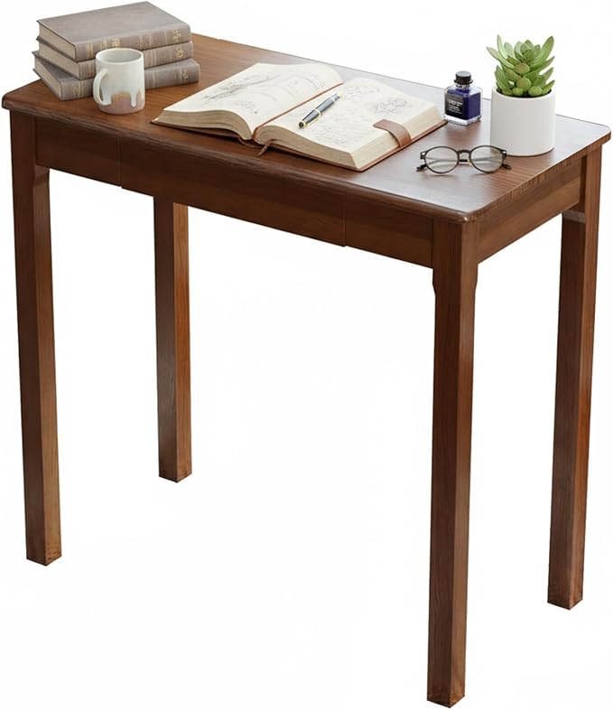 Solid Wood Desk with Drawers - 31.5" Narrow Desks for Small Spaces, Mid Century Modern Desks, Small Wooden Vintage Computer Writing Desk, Study Table for Home Office Bedroom, Walnut