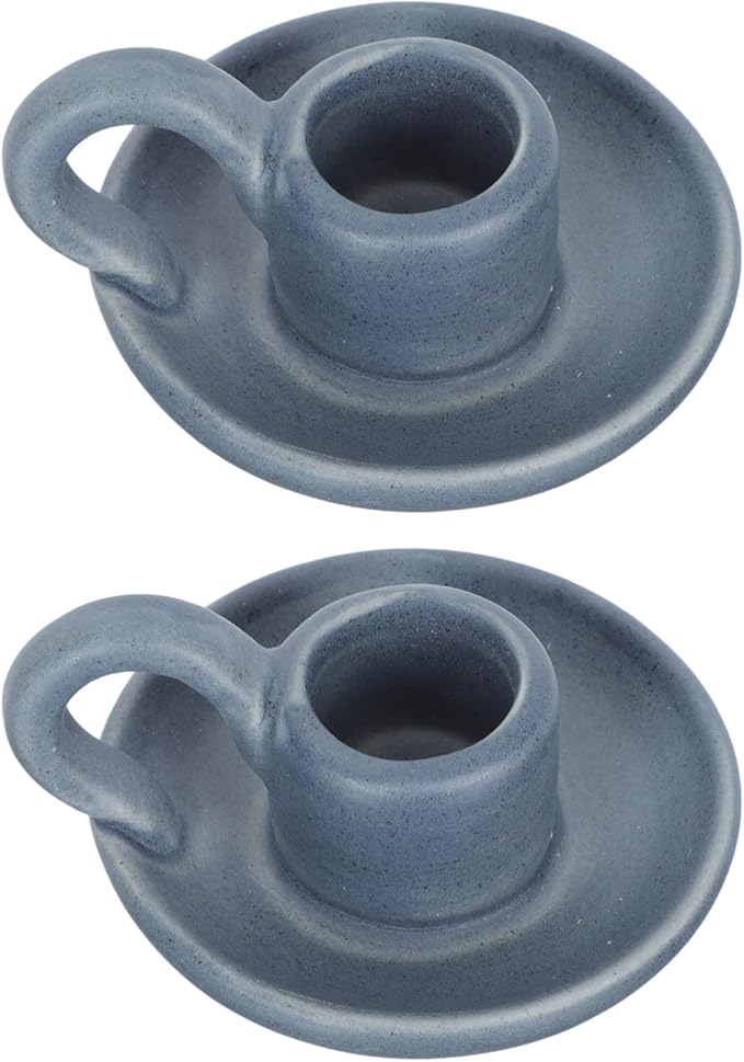 DOITOOL 2Pcs Ceramic Candle Holder Candlestick Holder with Handle, Taper Candle Stand Candlelight Stand Holder Decorative Candle Display Holder for Desktop Dining Room Home Decoration Display (Blue)