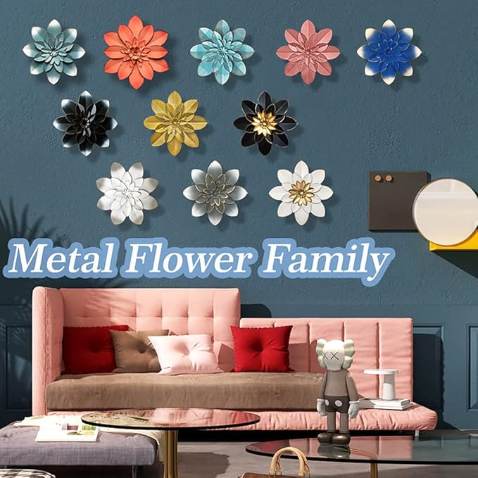 Grey Metal Flower Wall Art Decor, 9.5“ Rustic Modern Floral Sculpture, Distressed Iron Wall Hanging Home Decoration Accent Artworks for Indoor Kitchen Bedroom Living Room Office Outdoor Garden Patio