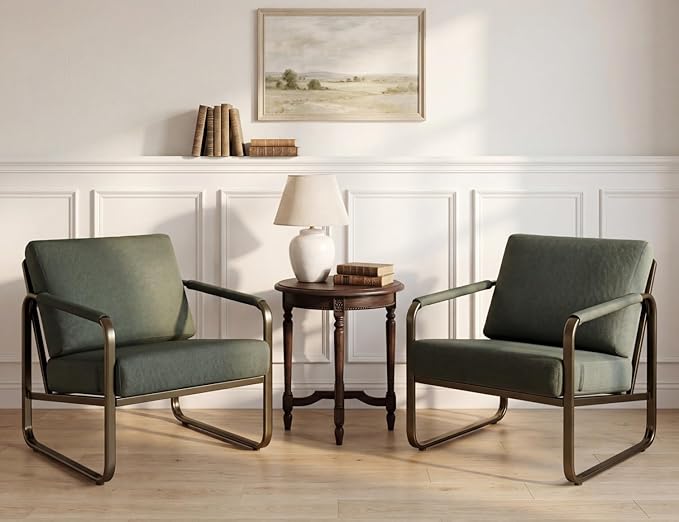 PrimeZone Mid-Century Modern Accent Chair Set of 2 - Comfy Fabric Living Room Chair, Lounge Armchair with Extra Soft Padded & Cushion, Ergonomic Accent Chair for Bedroom Office, Dark Green