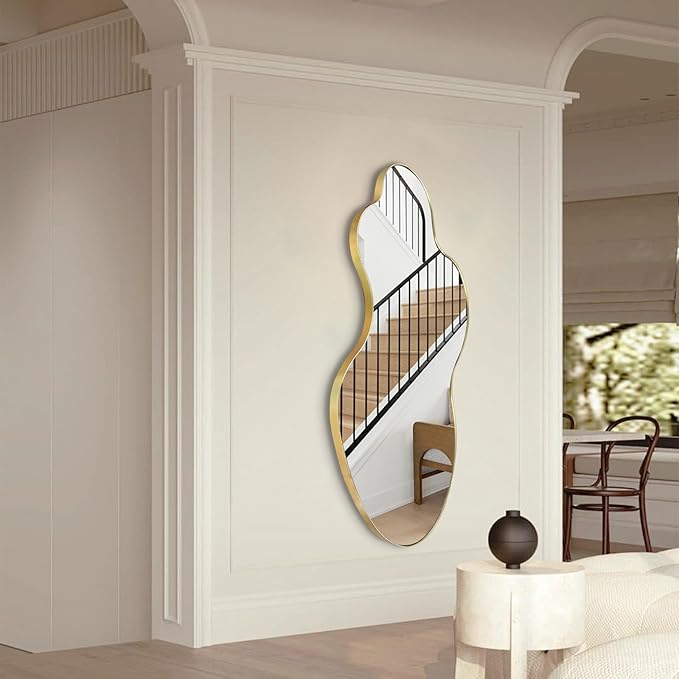 Irregular Mirror, 46.5"x24" Asymmetrical Mirror, Gold Metal Frame Abstract Wall Mirrors Decorative, Modern Odd Shaped Mirrors for Living Room Bathroom Bedroom Hallway Entryway Fireplace