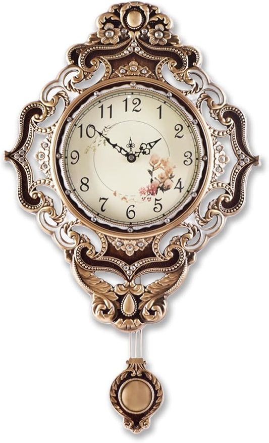 Aero Snail Retro Wall Clock with Pendulum, European Victoria Mid Century Style, Battery Operated Large Metal Silent Clock for Living Bedroom Wall Vintage Decor - Brown