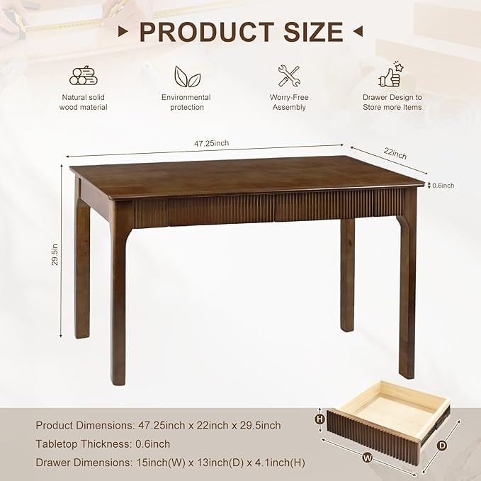47.2'' Solid Wood Desk with 2 Drawers, Mid Century Modern Home Writing Office Wooden Desk ,Vintage Computer Table with Storage for Living Room, Bedroom, Fluted Design Brown (Walnut, 47.2 Inch)