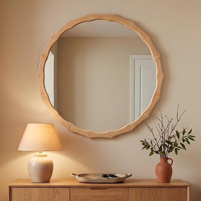 Round Bamboo Frame Mirror with Wavy Edge, 24-inch Vintage Wood Finish Hanging Wall Mirror for Bathroom, Bedroom, Living Room & Entryway