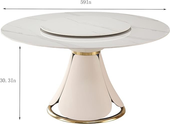 Round Marble Dining Table Set for 6-8, Kitchen Table, Dining Room Table Set Petal Pu Leather & Metal Base (59'' Table)
