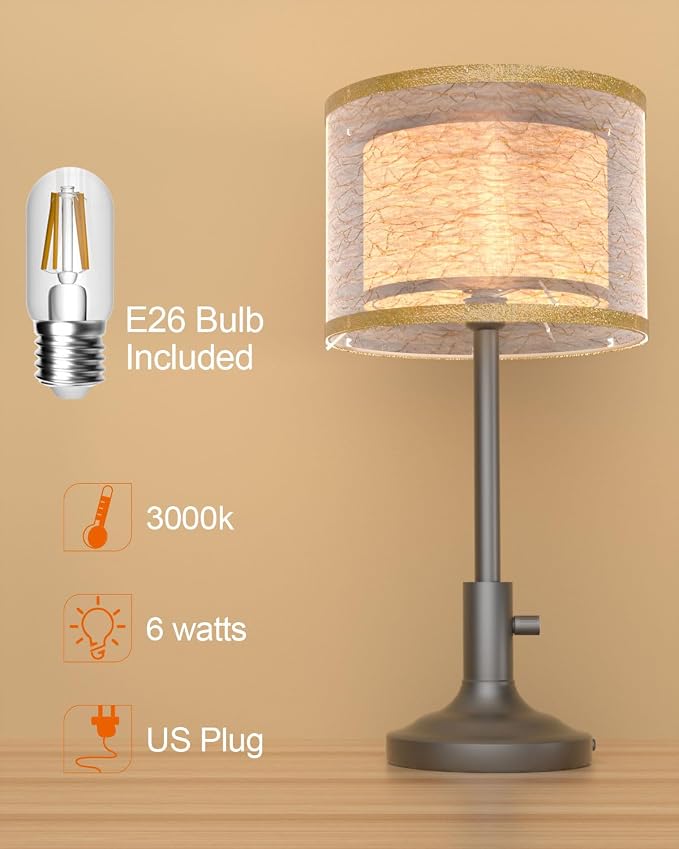 Lightdot Mid Century Table Lamp for Bedroom, Vintage Black Dimmable Table Lamp with 2-Layer Lampshade, Farmhouse Bedside Lamp Nightstand Light for Living Room(Bulbs Included)