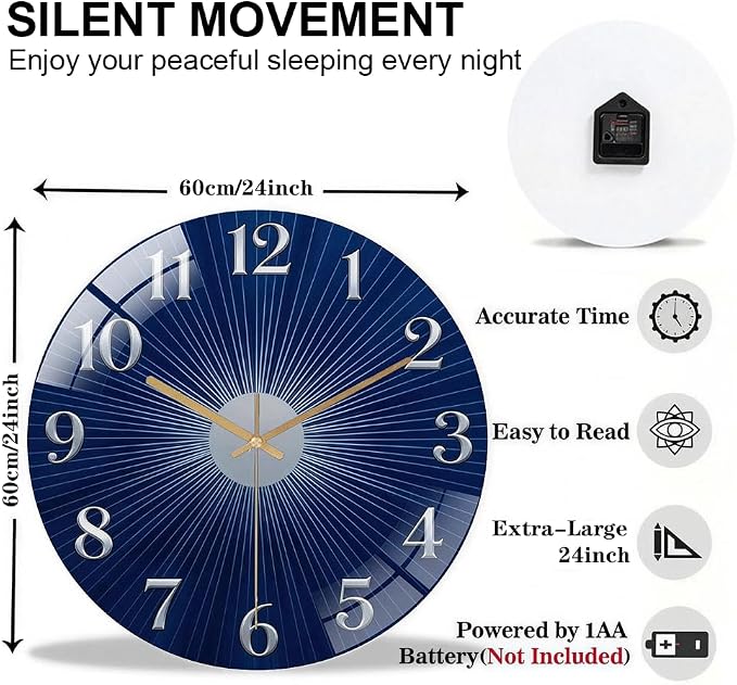 24 Inch Navy Sunburst Glass Wall Clock Silent Modern Art Decor | Silent glossy clock with deep blue sunburst and silver numbers, elegantly tracking time for your modern living room