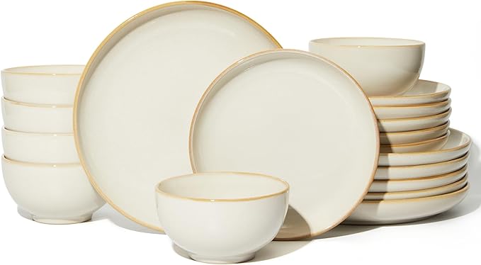 Stoneware Dinnerware Sets for 6, 18 Piece Microwave Safe Plate and Bowl Set, Easy to Clean & Durable Dishes Sets for Small to Medium Families, Yellow White