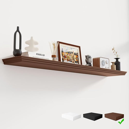 Fun Memories Floating Shelves 55 Inch Long, 9.3 Inch Deep Classic Crown Molding Floating Shelves for Wall, Rustic Wooden Shelves for Wall Decor Bathroom, Kitchen, Office, (Walnut, 1Pack)